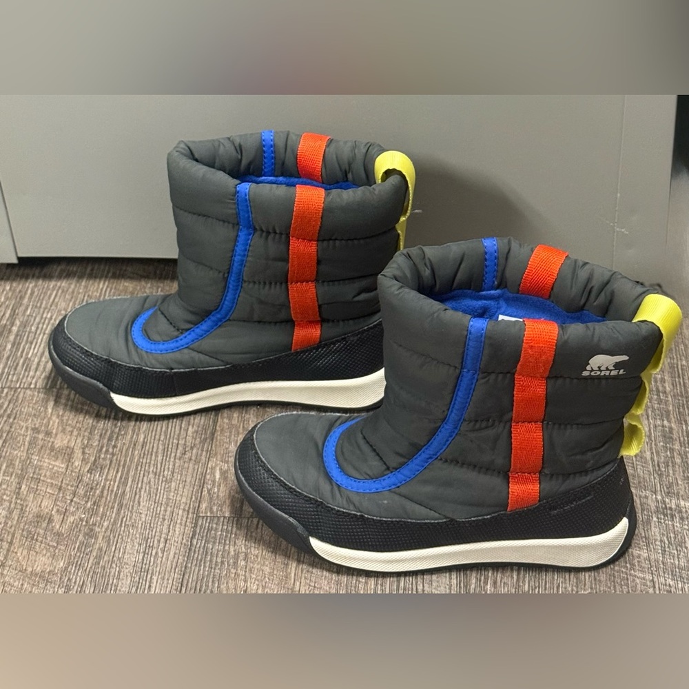 Sorel Kids Black moon Boots with Blue, Red & Yellow Accents